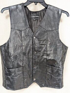 Vintage 1990s Leather Works‎ Patchwork Leather Vest Men's Size Large Brown Snap